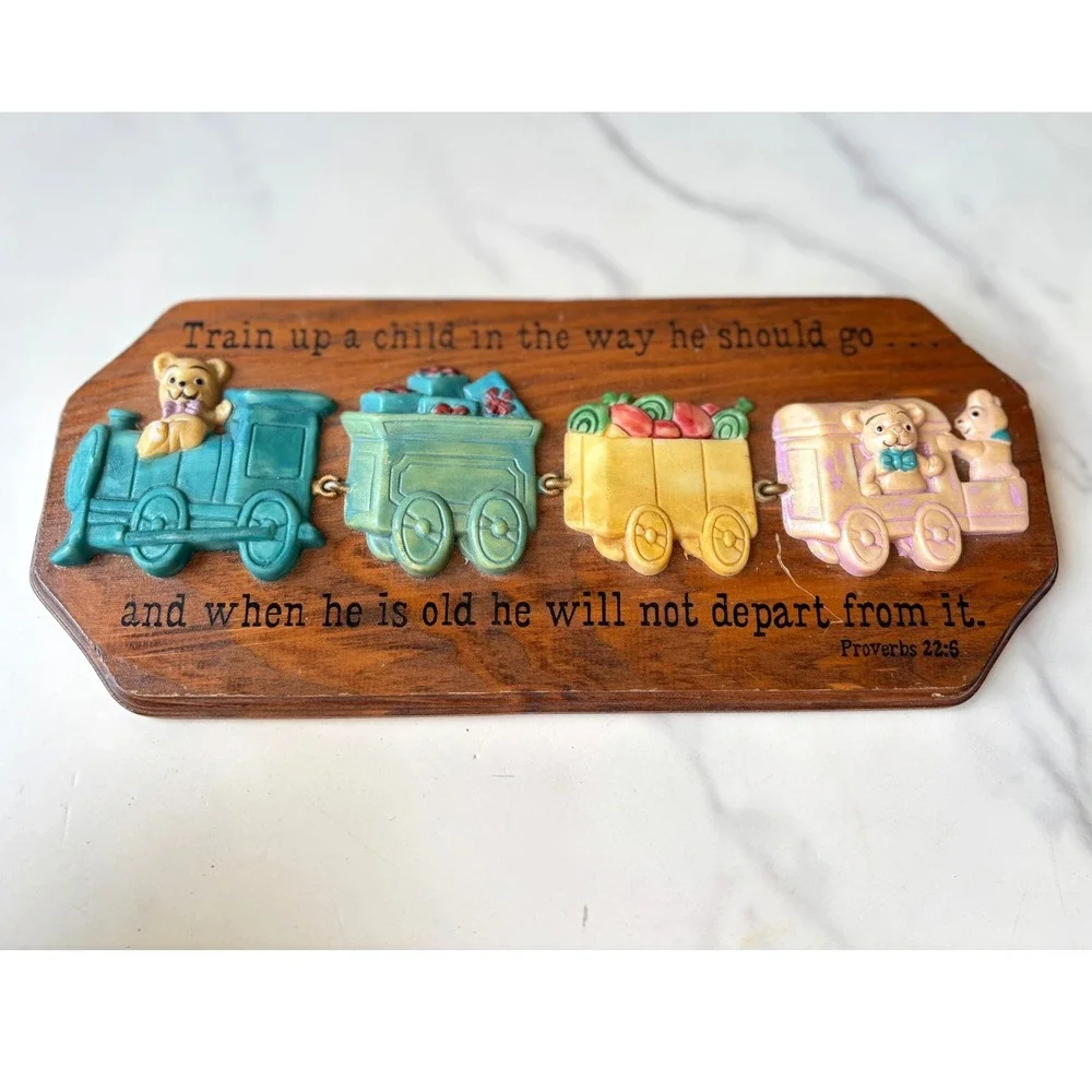 Vintage Wooden Proverbs 22:6 Child Train Wall Plaque Nursery Decor Teddy Bear